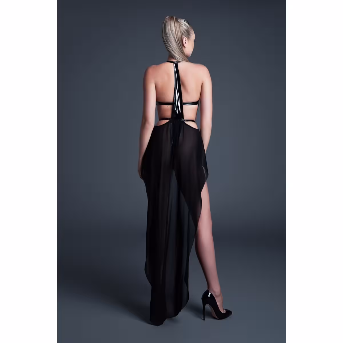 Allure Take Me Latex Look Bodysuit with Flirty Skirt – Black image 2