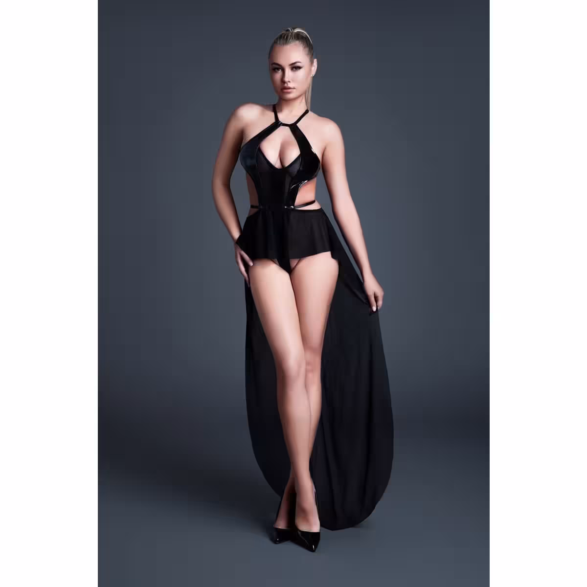 Allure Take Me Latex Look Vinyl & Mesh Bodysuit with Flirty Skirt – Black