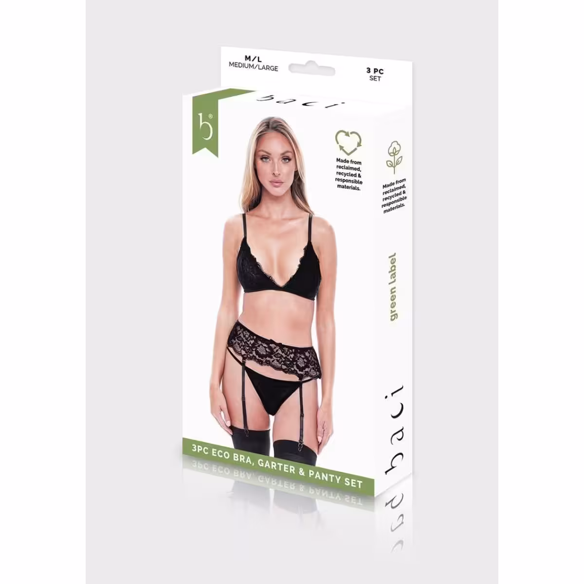 Baci 3 Piece Eco Bra, Garter & Panty Set – Black ML image 3