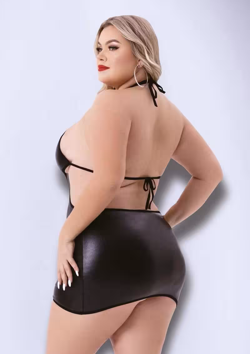 Baci Criss Cross Wetlook Halter Mini Dress – Black Queen Size image 2