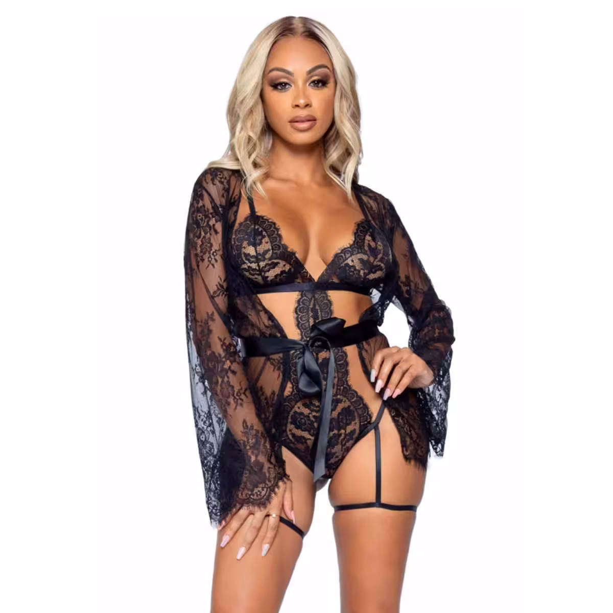Garter Teddy with String Back and Robe – Black, Small