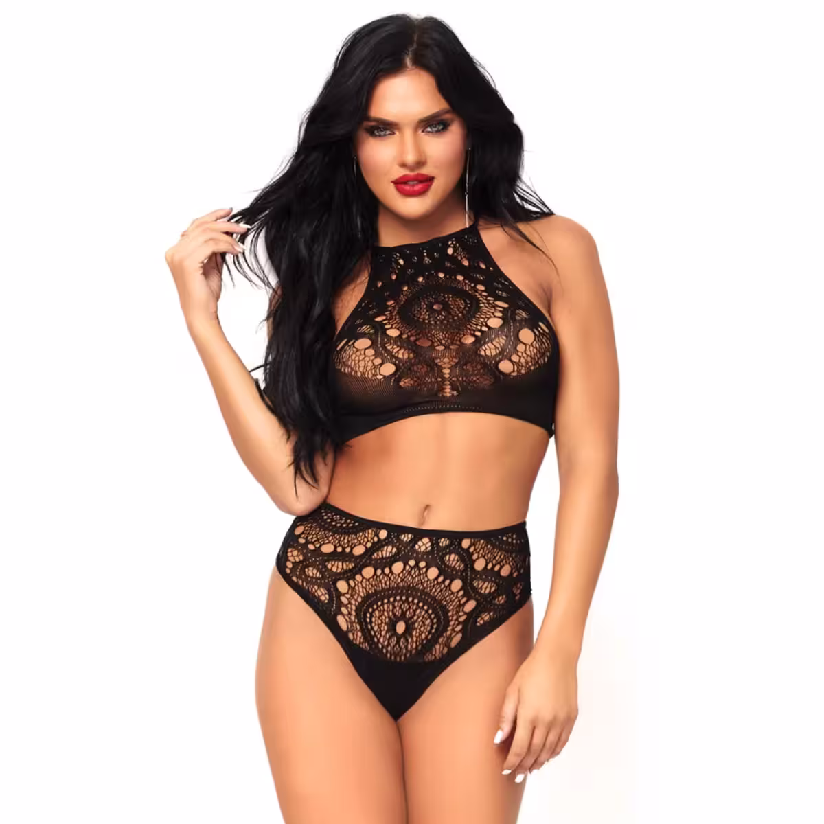 Halter Crop Top and High Waist Thong Set – Black, M/L