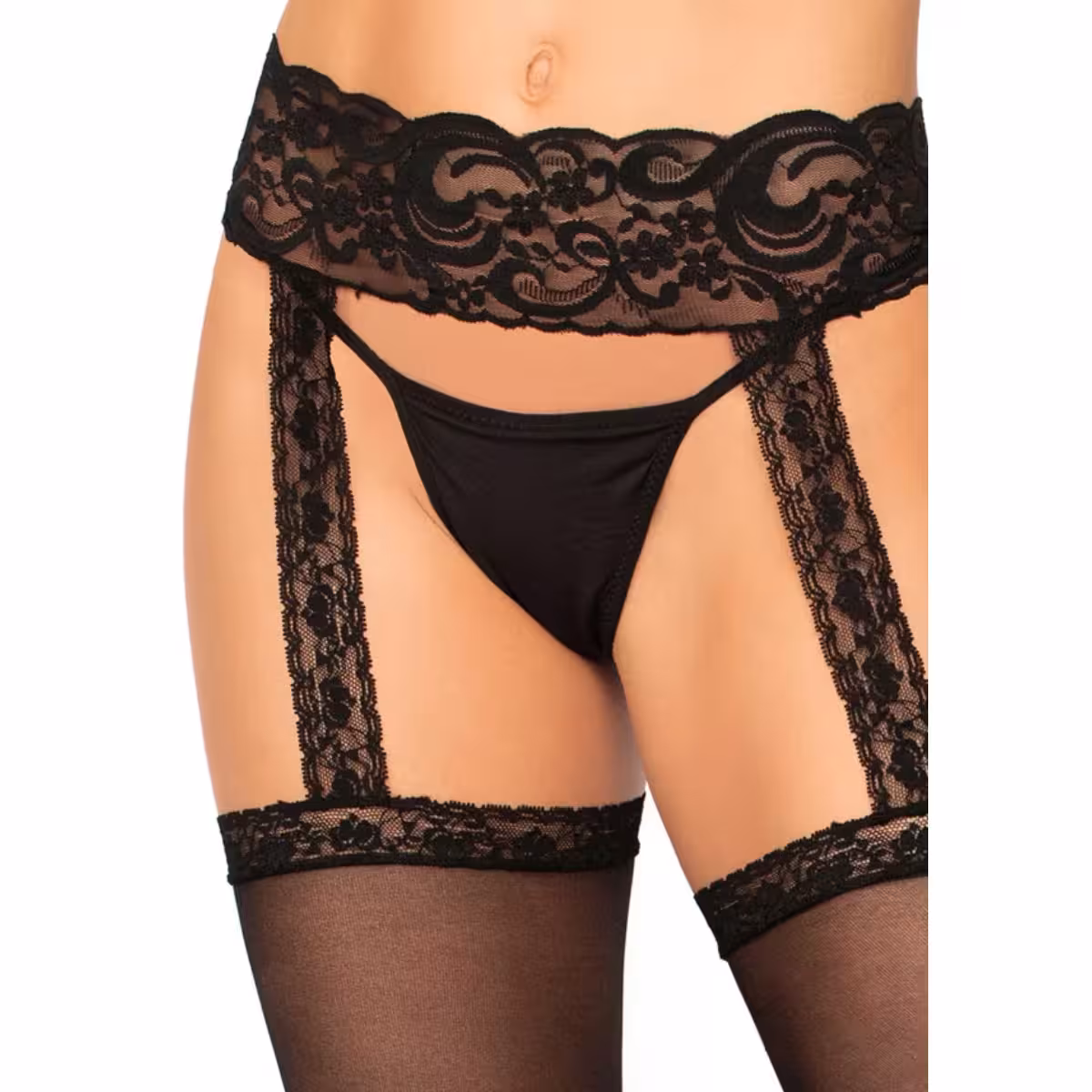 Sheer Thigh Highs with Lace Garter Belt – Black