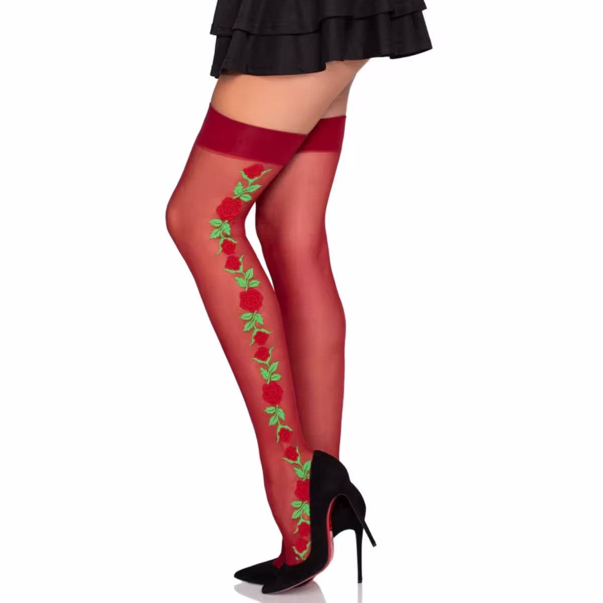 Spandex Thigh Highs with Roses – Luxurious Red Thigh Highs with Embroidered Details
