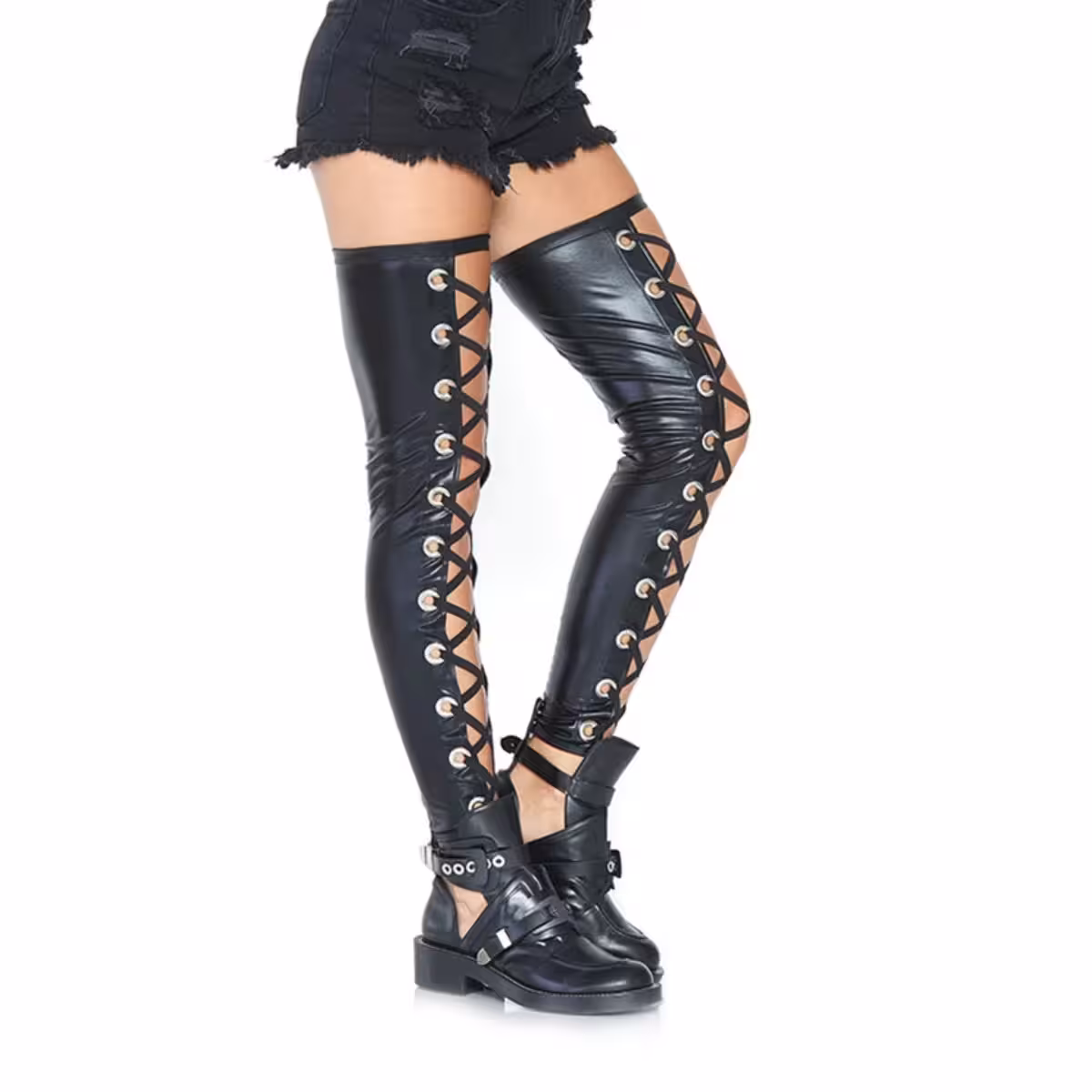 Wetlook Footless Lace Up Thigh Highs – Black, M/L image 3