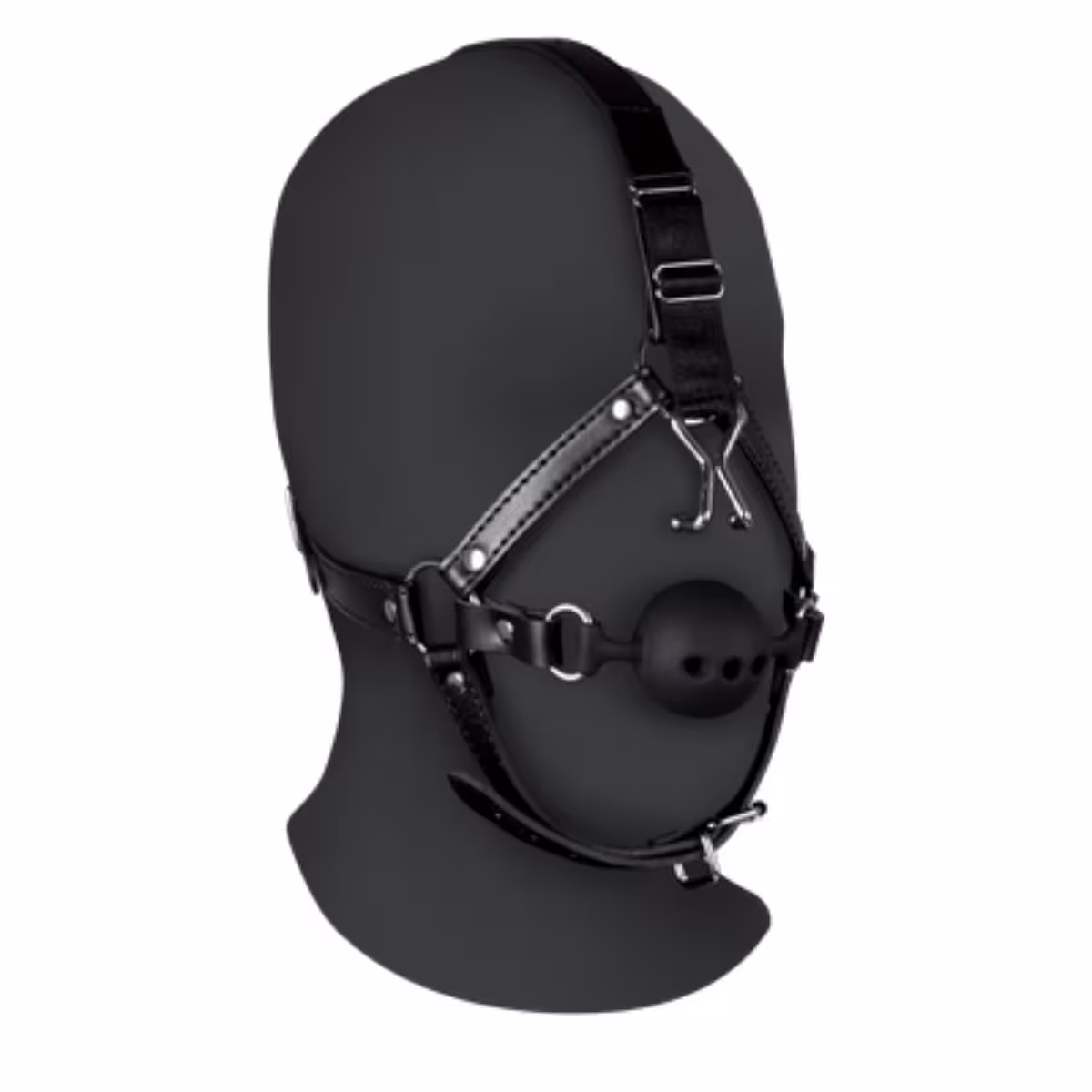 Head Harness with Breathable Ball Gag and Nose Hooks Black image 2
