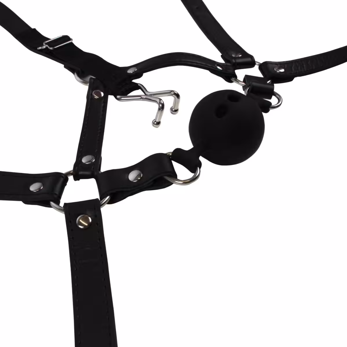 Head Harness with Breathable Ball Gag and Nose Hooks Black image 3