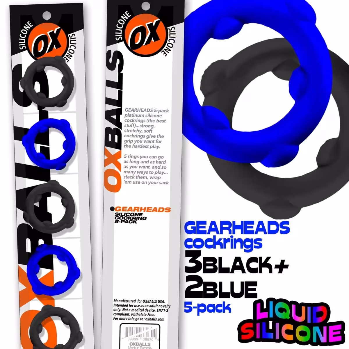 Gearheads 5-Pack Cock Rings in Blue/Black – Premium Silicone for Extended Play image 2
