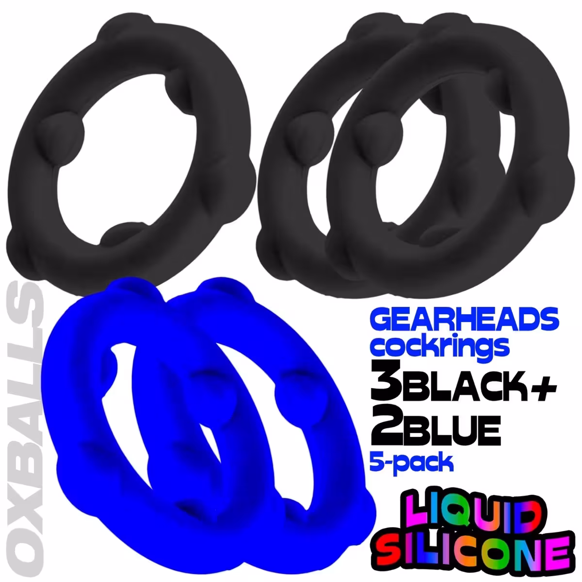 Gearheads 5-Pack Cock Rings in Blue/Black – Premium Silicone for Extended Play image 3