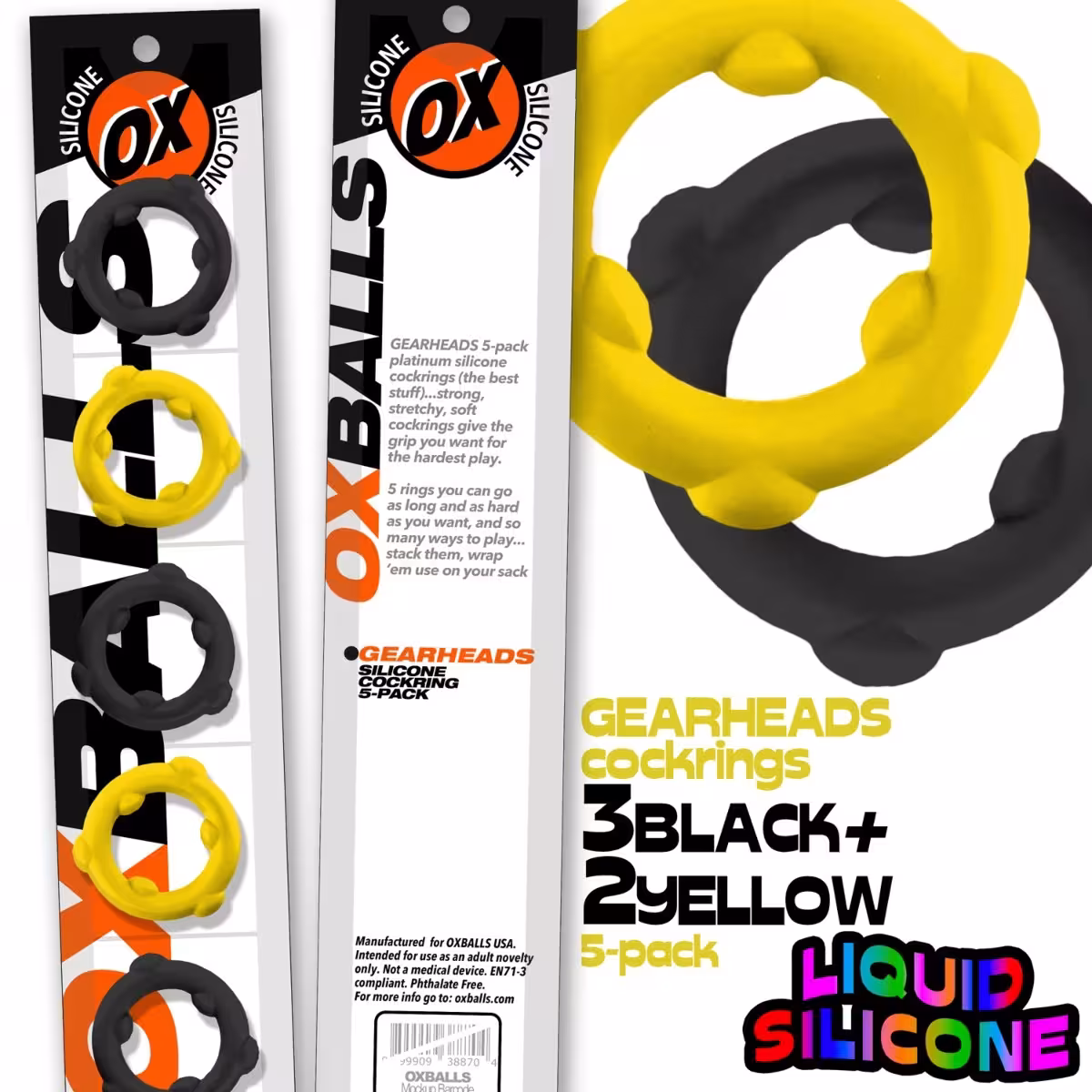 Oxballs Gearheads 5 Pack Spinner Rings Yellow/Black – Premium Silicone Cock Rings for Extended Play