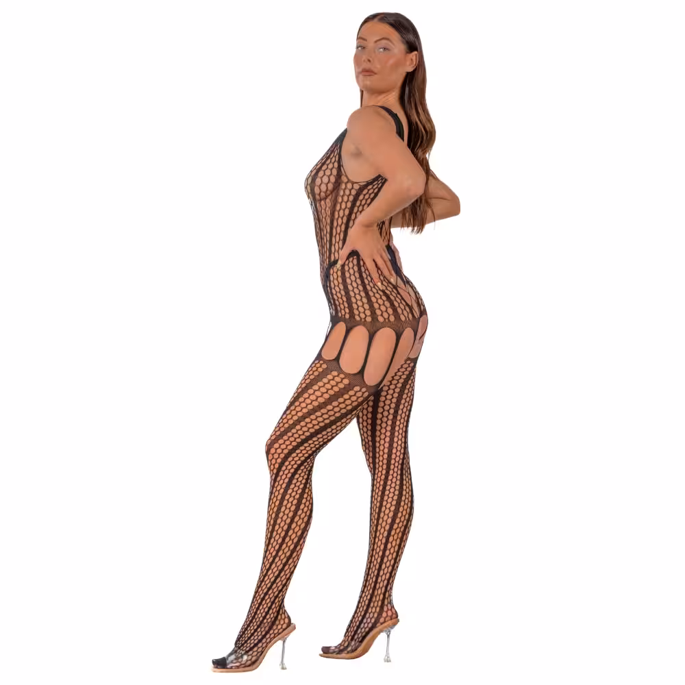Lace by LJ Crochet Bodystocking with Lace Up Back Black image 3