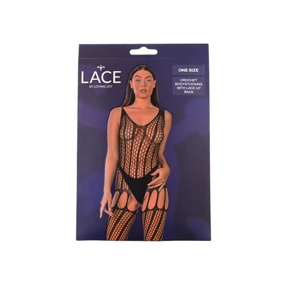 Lace by LJ Crochet Bodystocking with Lace Up Back Black image 5