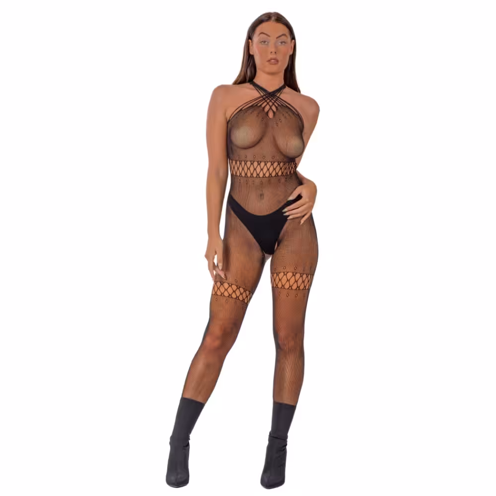 Lace by LJ Crossover Neck Crotchless Bodystocking image 2
