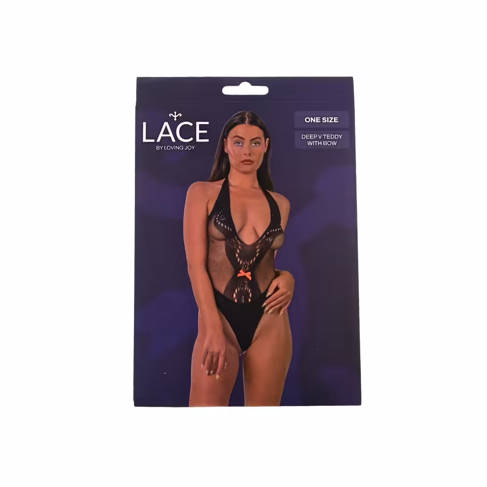 Lace by LJ Deep V Teddy with Bow Black image 5