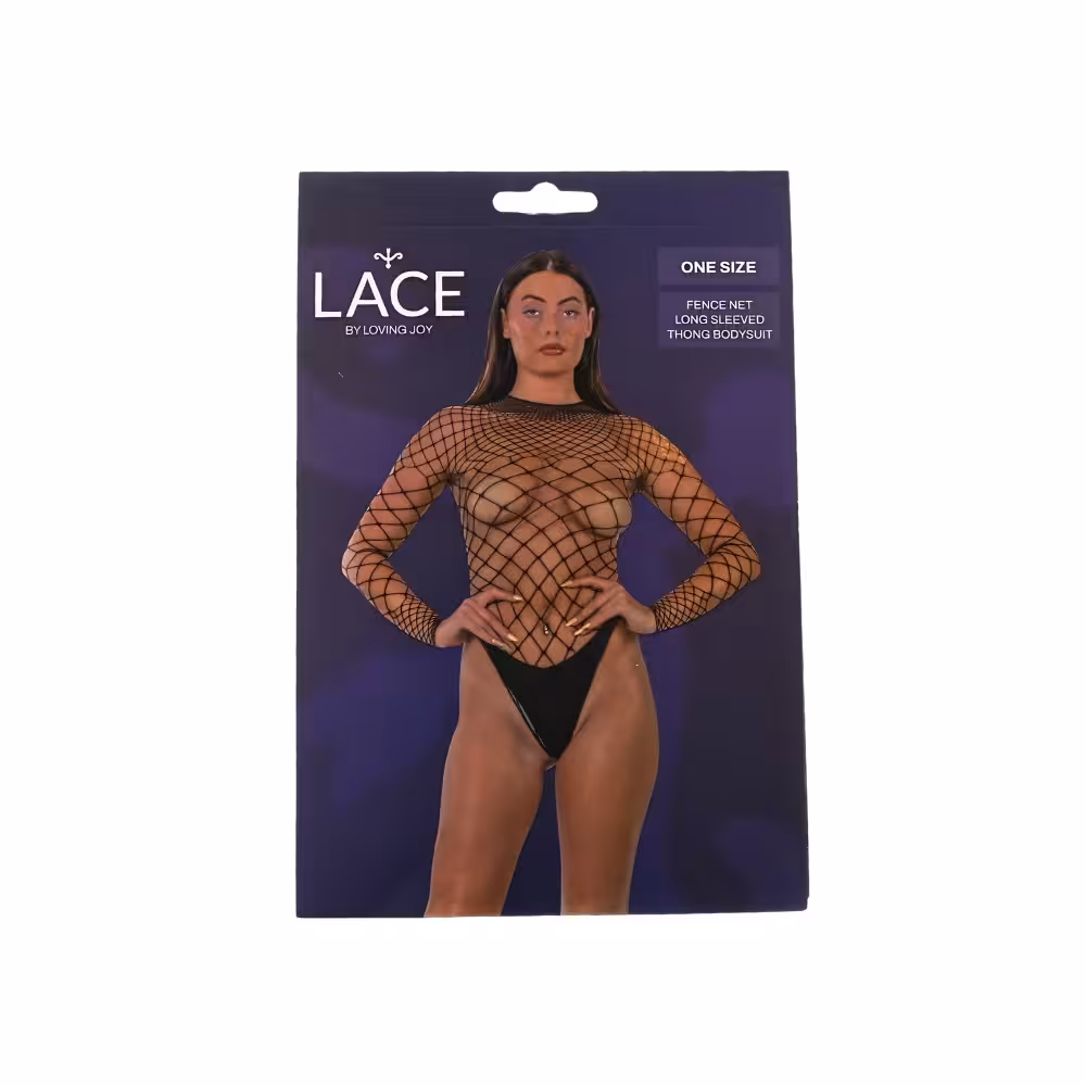 Lace by LJ Fence Net Long Sleeved Thong Bodysuit Black image 6