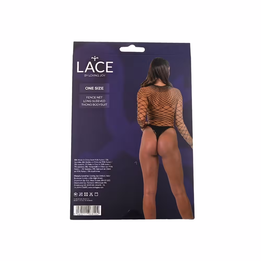 Lace by LJ Fence Net Long Sleeved Thong Bodysuit Black image 7