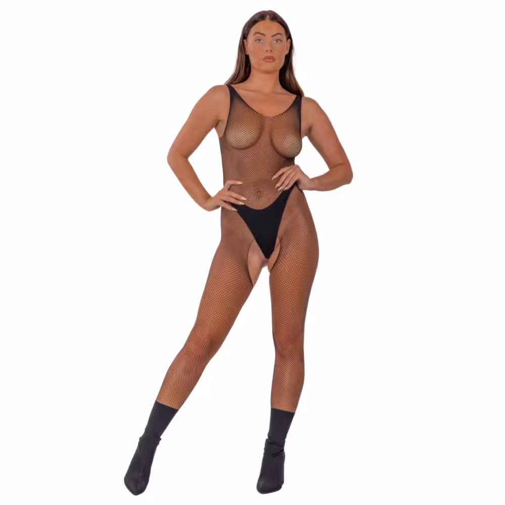Lace by LJ Fishnet Crotchless Bodystocking Black image 2