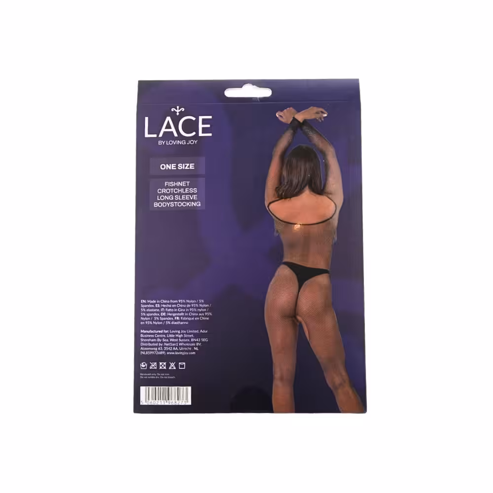 Lace by LJ Fishnet Crotchless Long Sleeve Bodystocking Black image 5