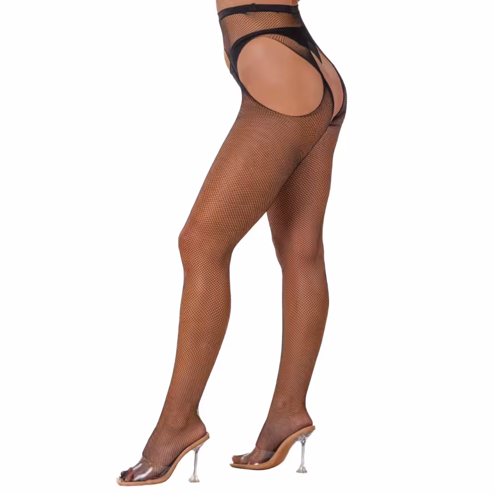 Lace by LJ Fishnet Crotchless Pantyhose Black image 2