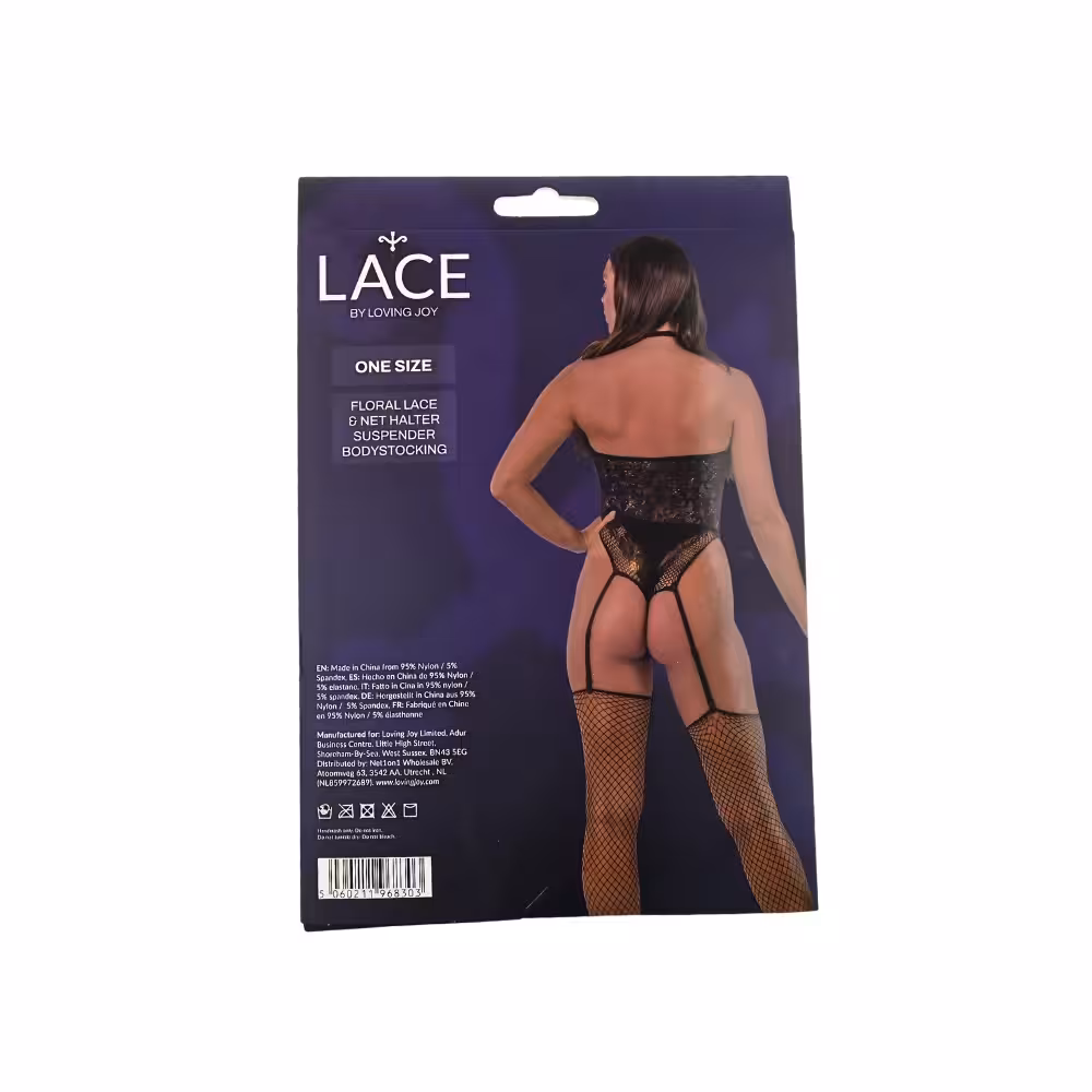 Lace by LJ Floral Lace & Net Halter Suspender Bodystocking Black image 5
