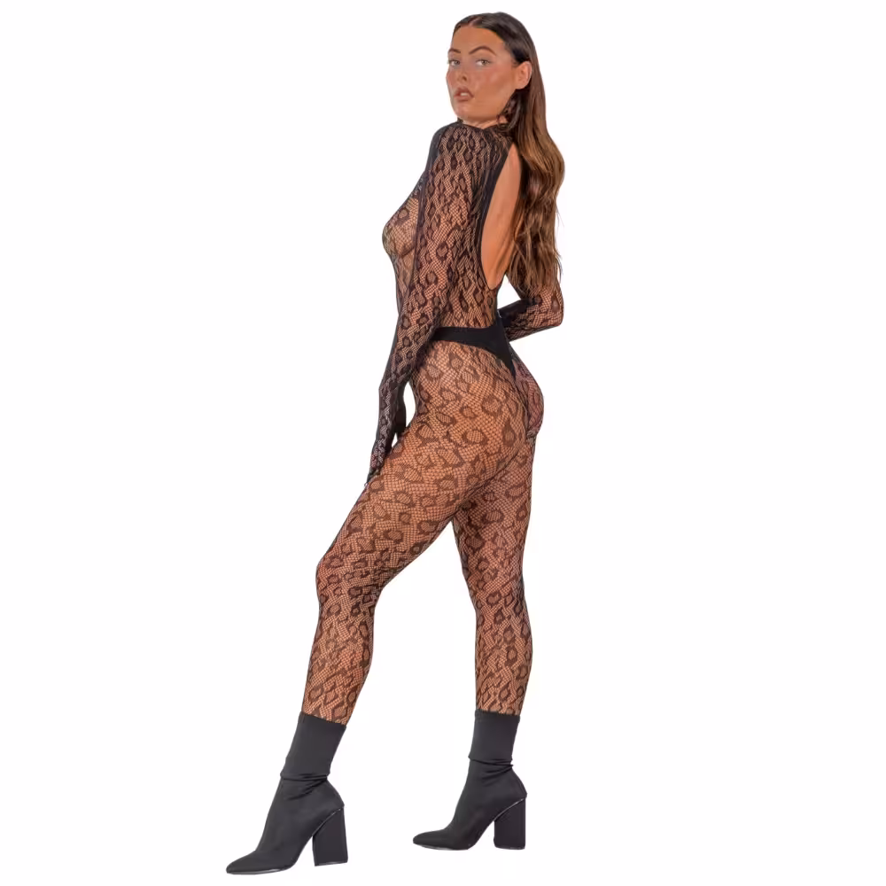 Lace by LJ Gloved Leopard Print Catsuit Black image 3