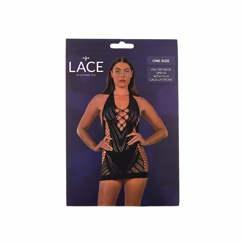 Lace by LJ Halter Neck Dress with Faux Lace Up Front Black image 5