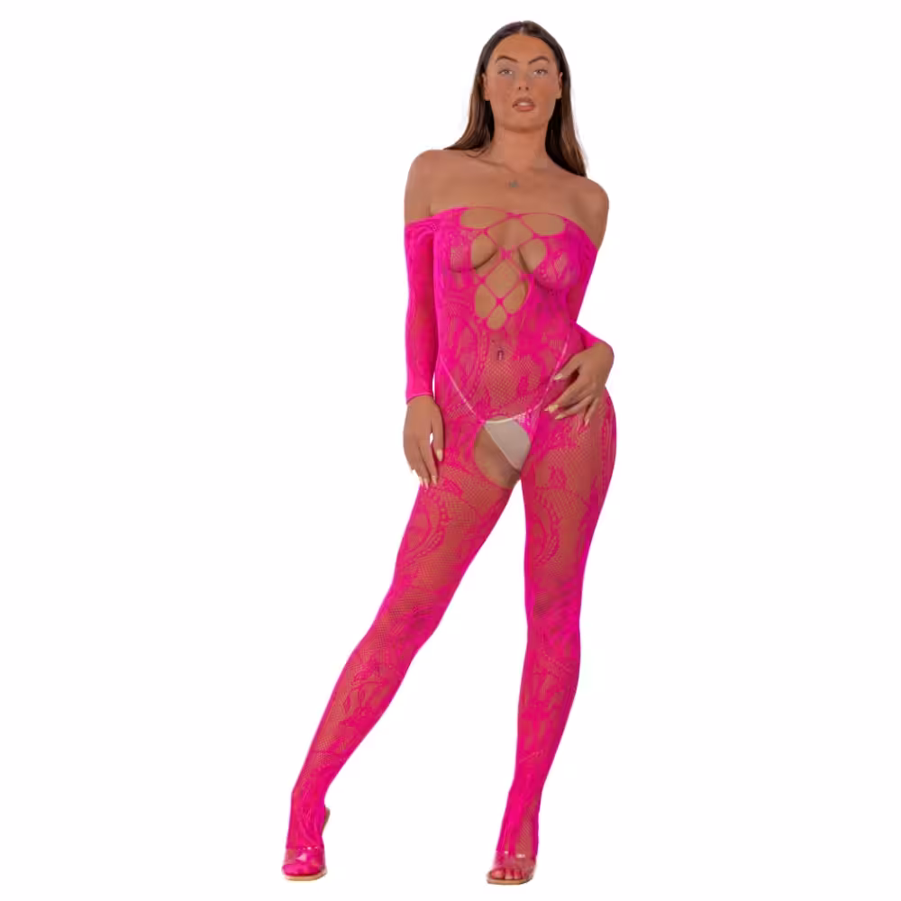 Lace by LJ Lace Up Front Crotchless Bodystocking Fuchsia image 2
