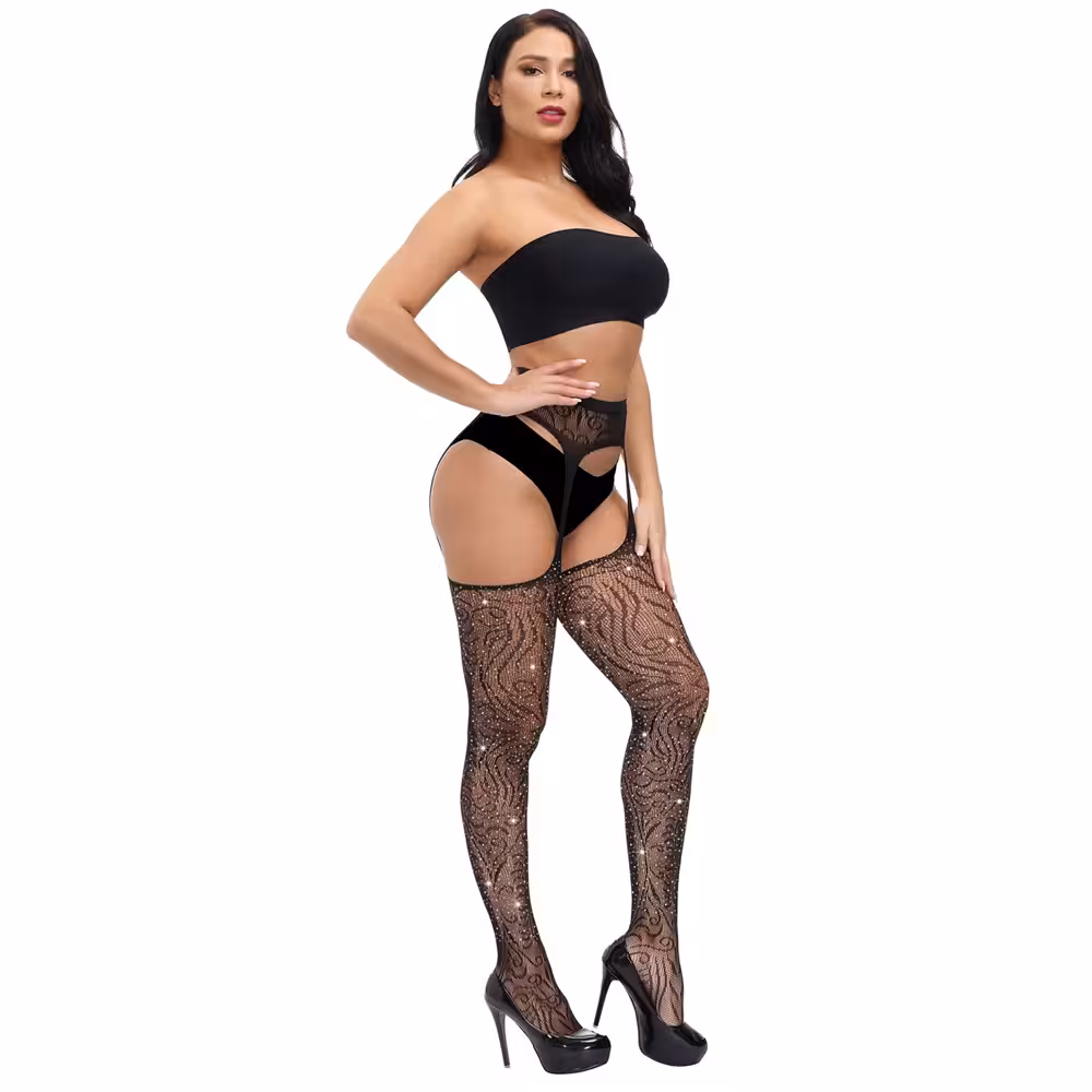 Lace by LJ Plus Size Suspender Pantyhose with Rhinestones image 3