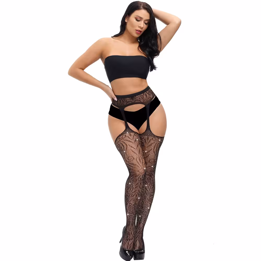 Lace by LJ Plus Size Suspender Pantyhose with Rhinestones image 5