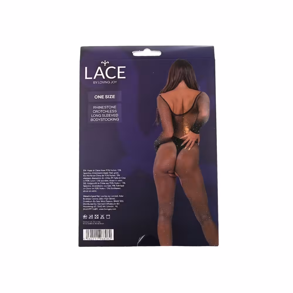 Lace by LJ Rhinestone Crotchless Long Sleeved Bodystocking Black image 4