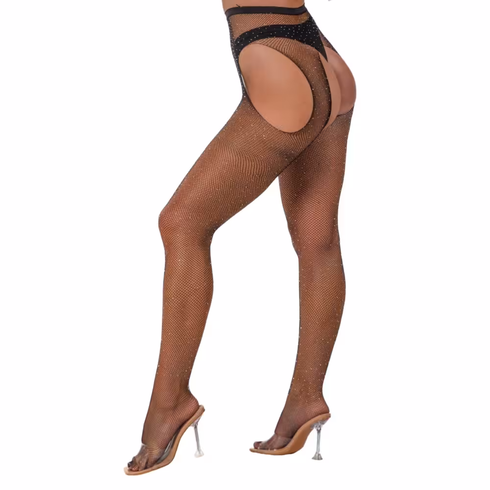 Lace by LJ Rhinestone Fishnet Crotchless Pantyhose Black image 2