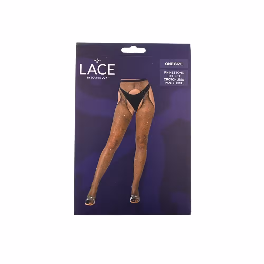 Lace by LJ Rhinestone Fishnet Crotchless Pantyhose Black image 4