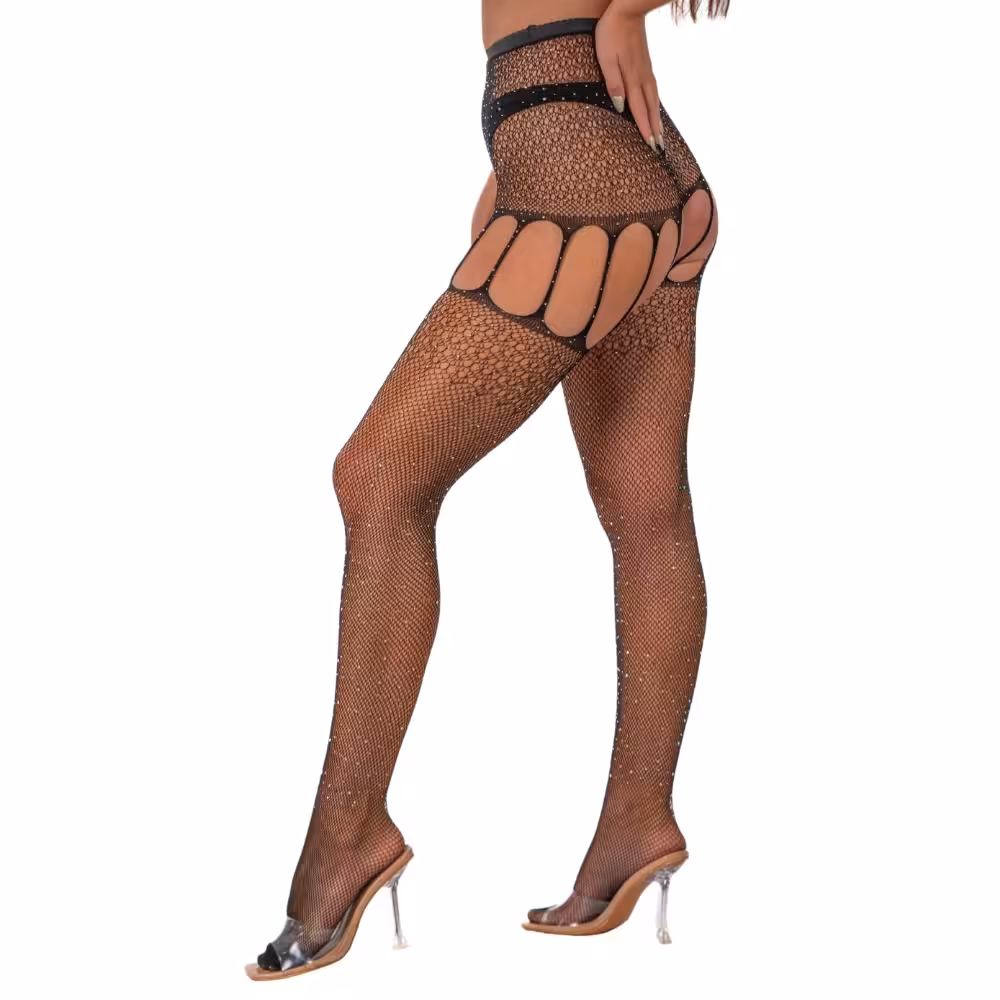 Lace by LJ Rhinestone Suspender Tights Black image 2