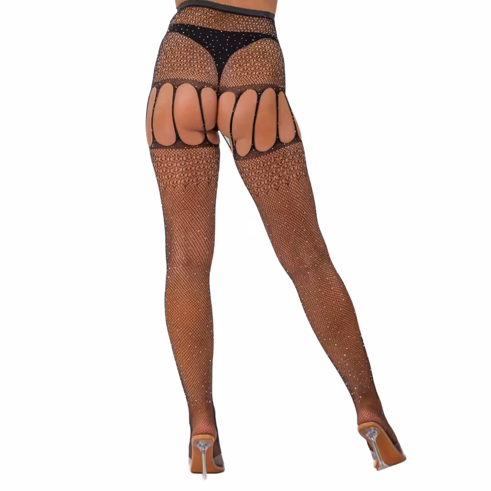 Lace by LJ Rhinestone Suspender Tights Black image 3