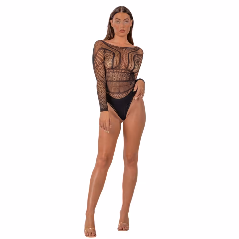 Lace by LJ Seamless Lace Long Sleeved Bodysuit Black image 2