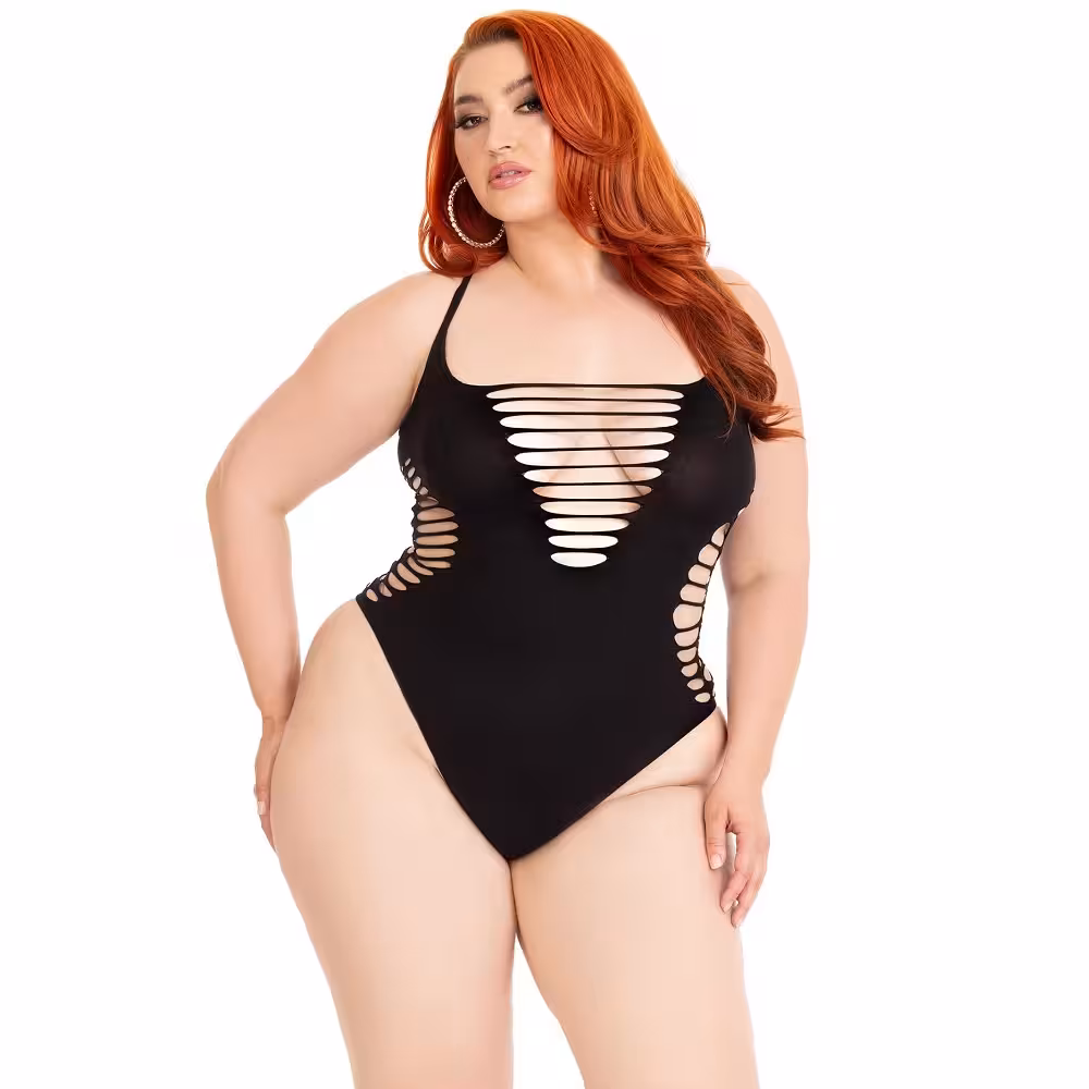 Leg Avenue Shredded Thong Bodysuit Black Plus Size image 4