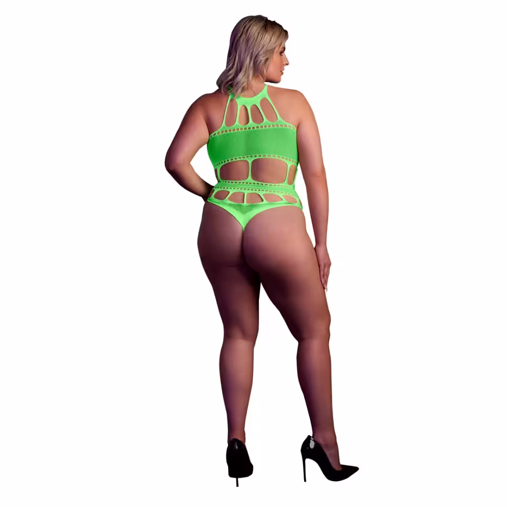 Cut Out Thong Bodysuit Neon Green Plus Size image 3