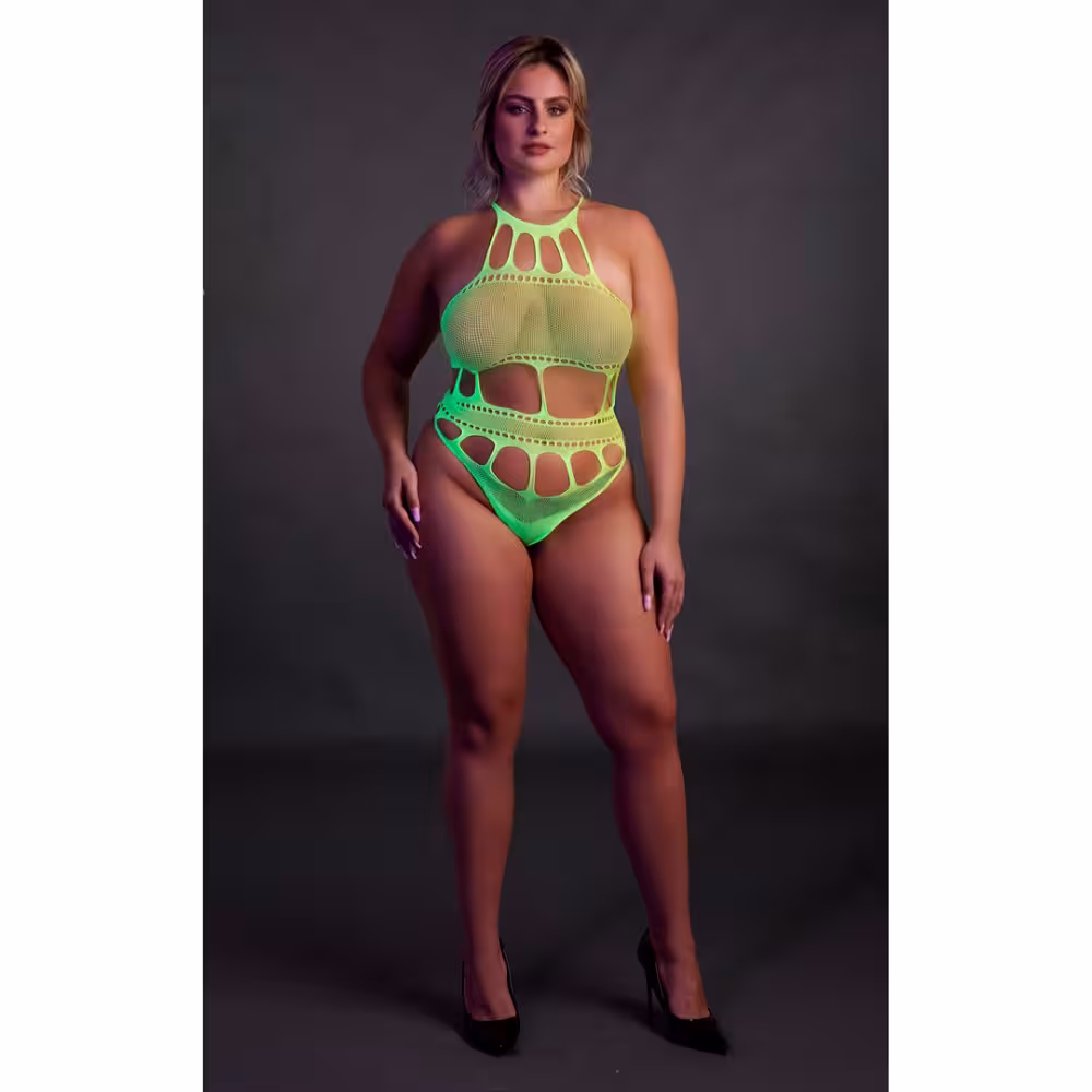Cut Out Thong Bodysuit Neon Green Plus Size image 4