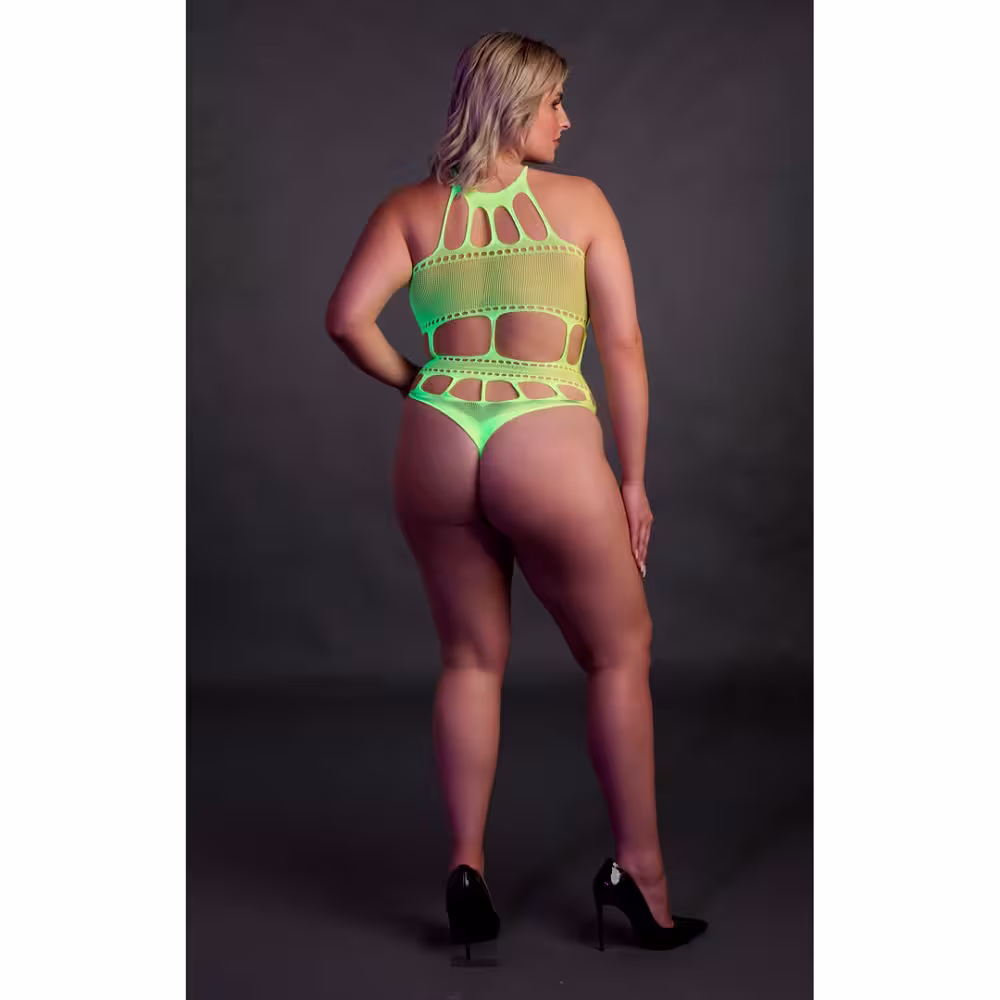 Cut Out Thong Bodysuit Neon Green Plus Size image 5