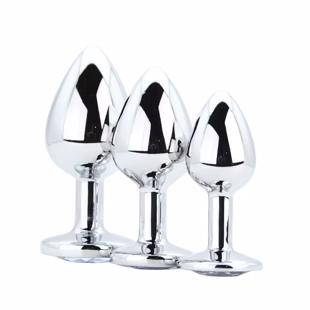 Toosh Metal Butt Plug Silver Set of 3 Clear Stone image 2