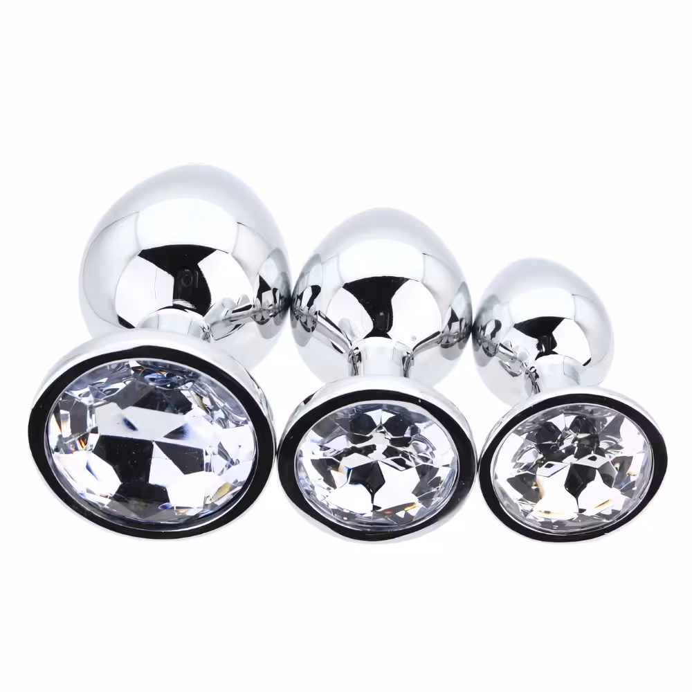 Toosh Metal Butt Plug Silver Set of 3 Clear Stone image 3