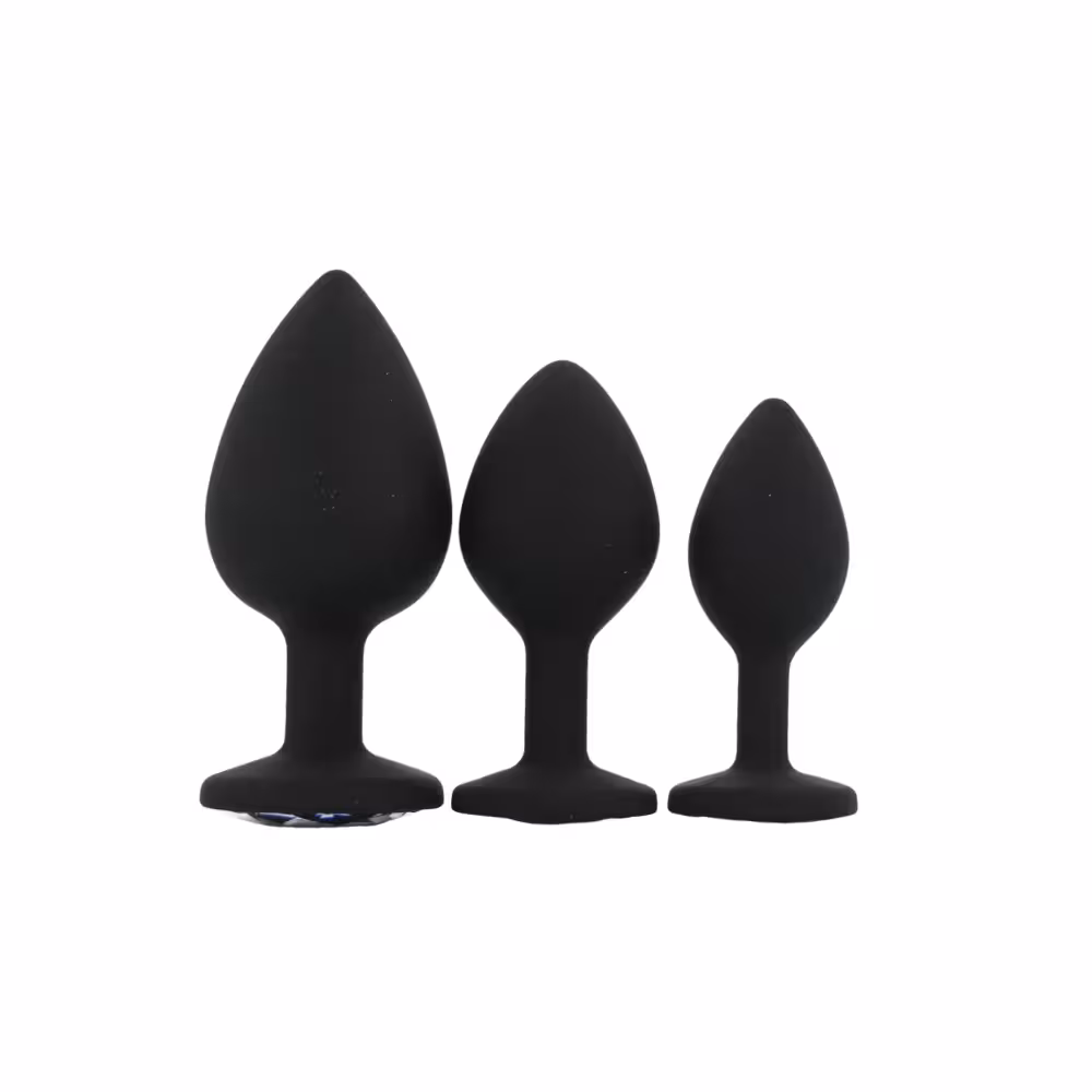 Toosh Silicone Butt Plug Black Set of 3 Clear Stone