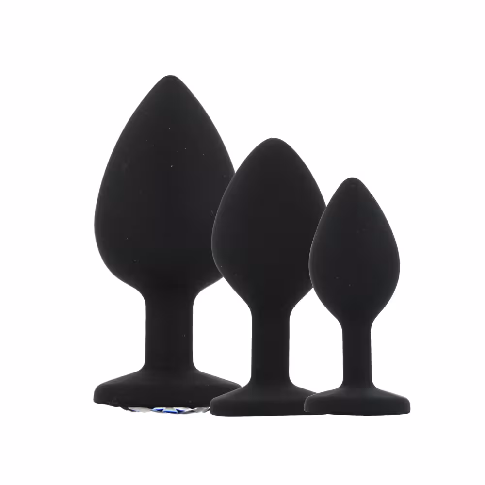 Toosh Silicone Butt Plug Black Set of 3 Clear Stone image 2