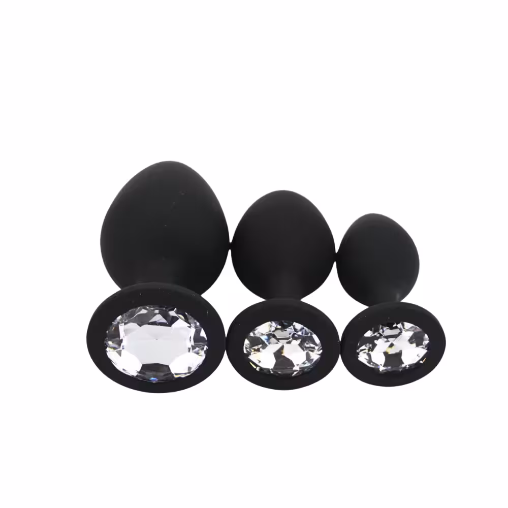 Toosh Silicone Butt Plug Black Set of 3 Clear Stone image 3