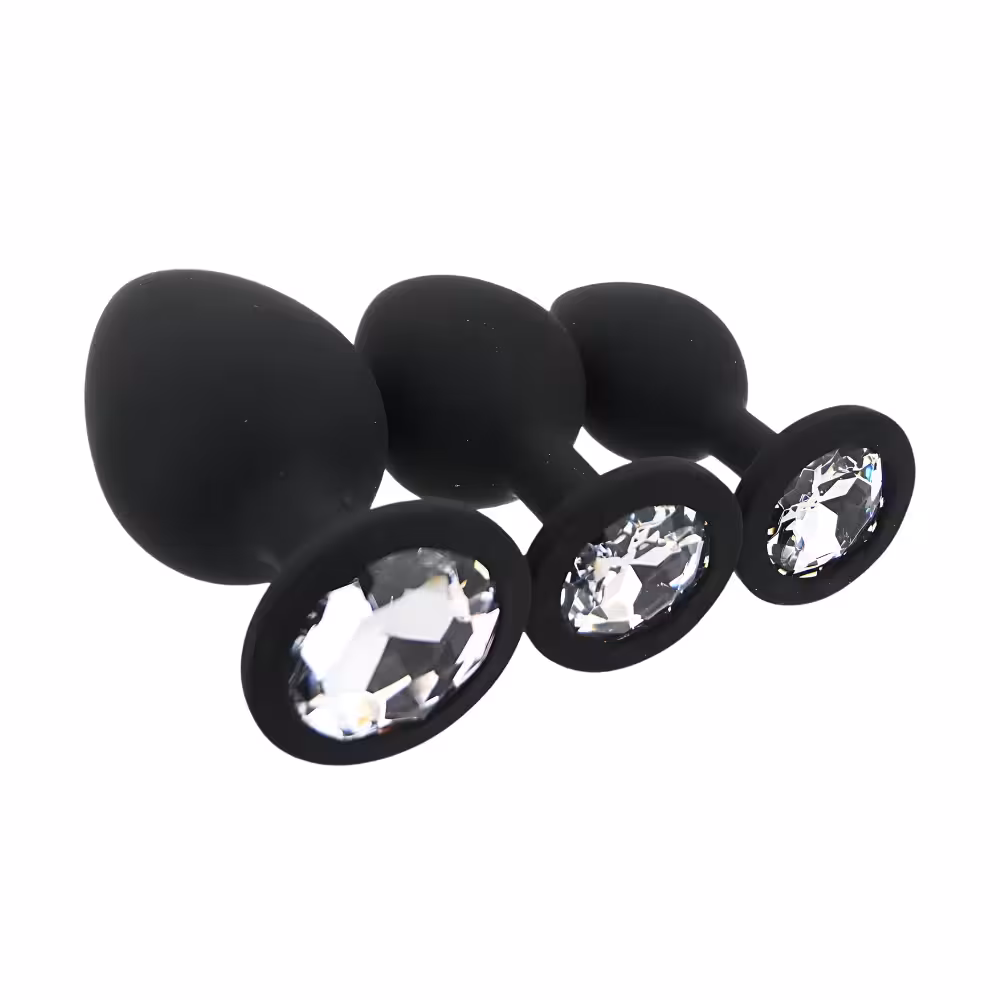 Toosh Silicone Butt Plug Black Set of 3 Clear Stone image 4