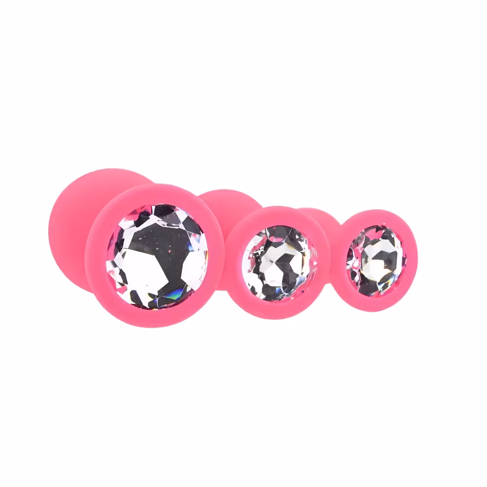 Toosh Silicone Butt Plug Pink Set of 3 Clear Stone image 3