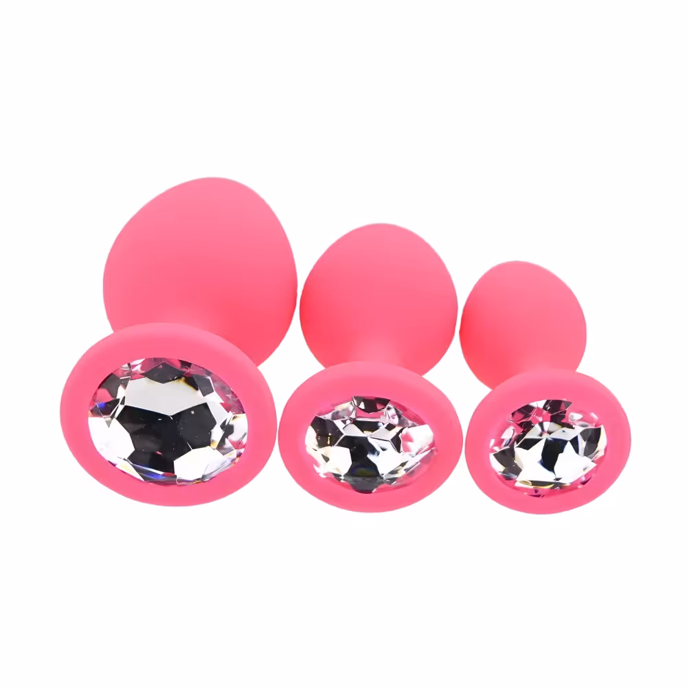 Toosh Silicone Butt Plug Pink Set of 3 Clear Stone image 4